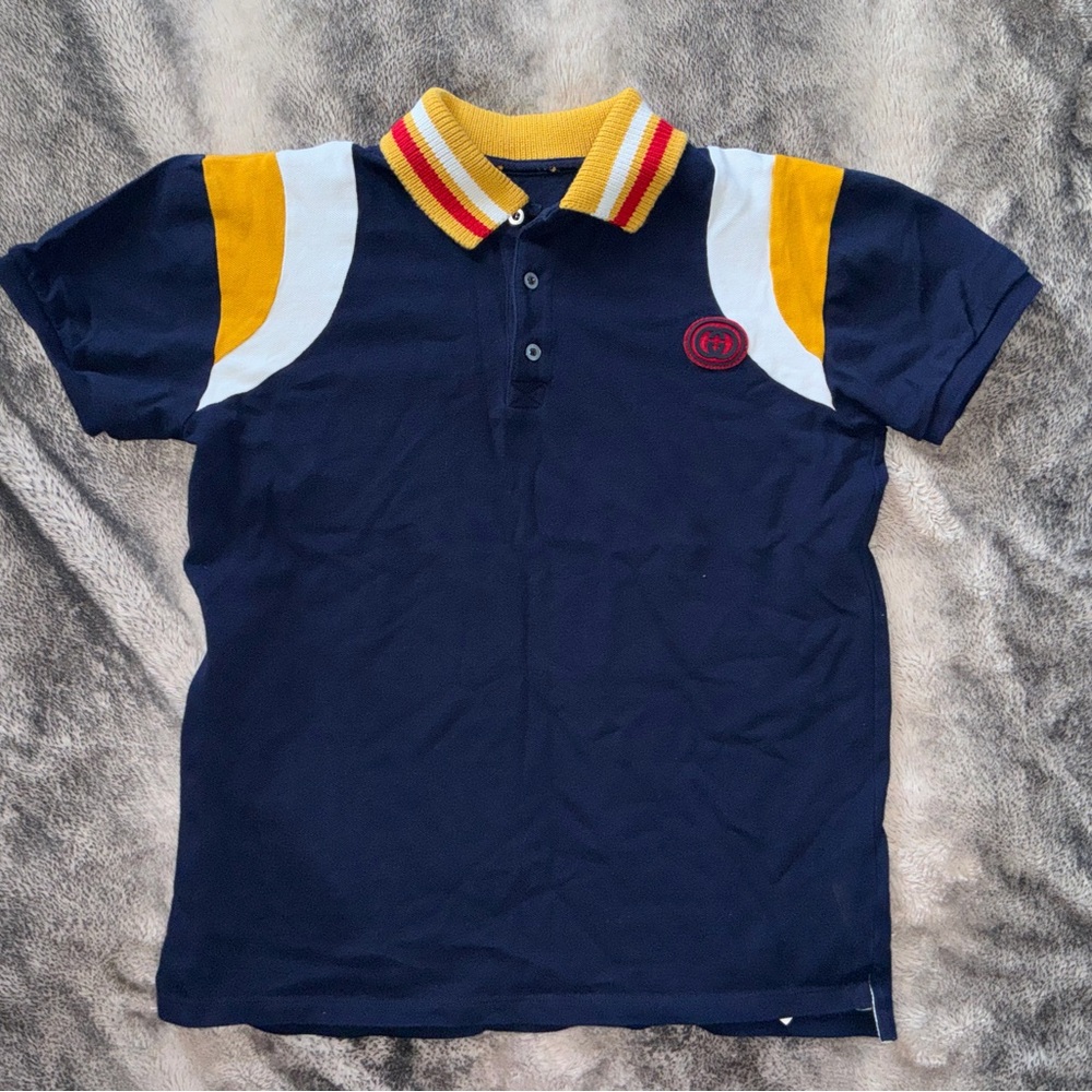 Gucci Children's Navy Polo with Yellow and White Stripes